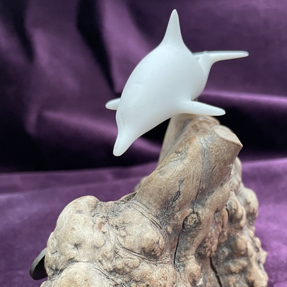 John Perry signed Dolphin and burled driftwood figurine
